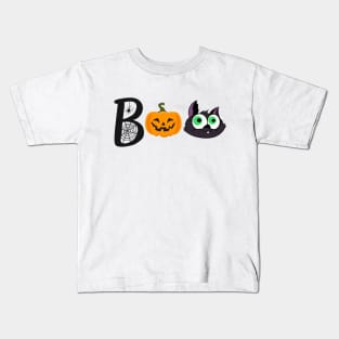 Funny halloween boo with cat head and pumpkin Kids T-Shirt